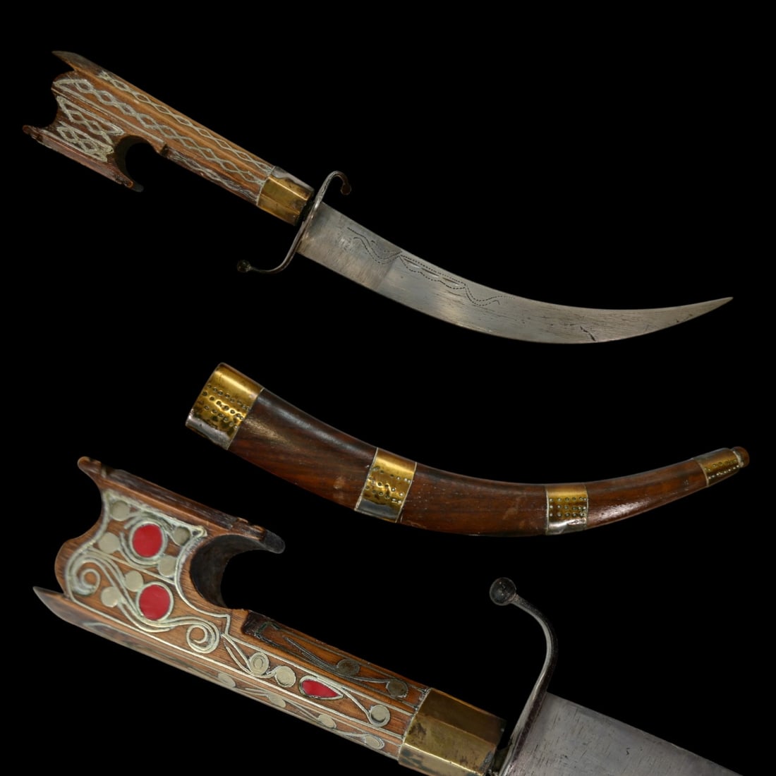 A Moroccan Nimcha Short Sword with Inlaid Wood Hilt and Scabbard, Circa 1900. (1 of 6)