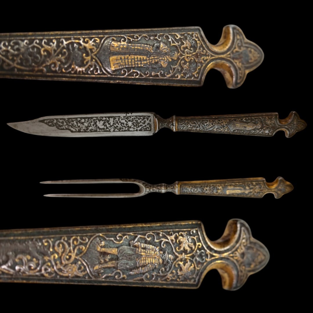 Rare, high quality, cutlery set, knife and fork, engraving, gilding, France, 17th century.: Rare, high quality, cutlery set, knife and fork, engraving, gilding, France, 17th century. Exquisite iron knife handles are very richly decorated with engraving and gilding, figures of a man and a wom