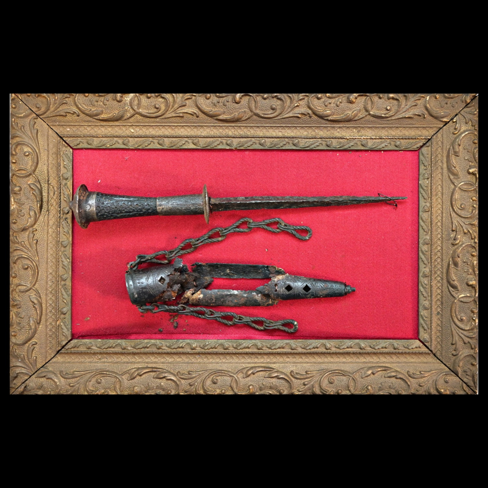 A very rare Medieval Western Europe rondel dagger with wooden grip and scabbard details 14th-15th C.: A very rare Medieval Western Europe rondel dagger with wooden grip and iron details scabbard, 14th-15th C.. Straight blade of triangular section, with hollow faces, at the base a iron disc with notche