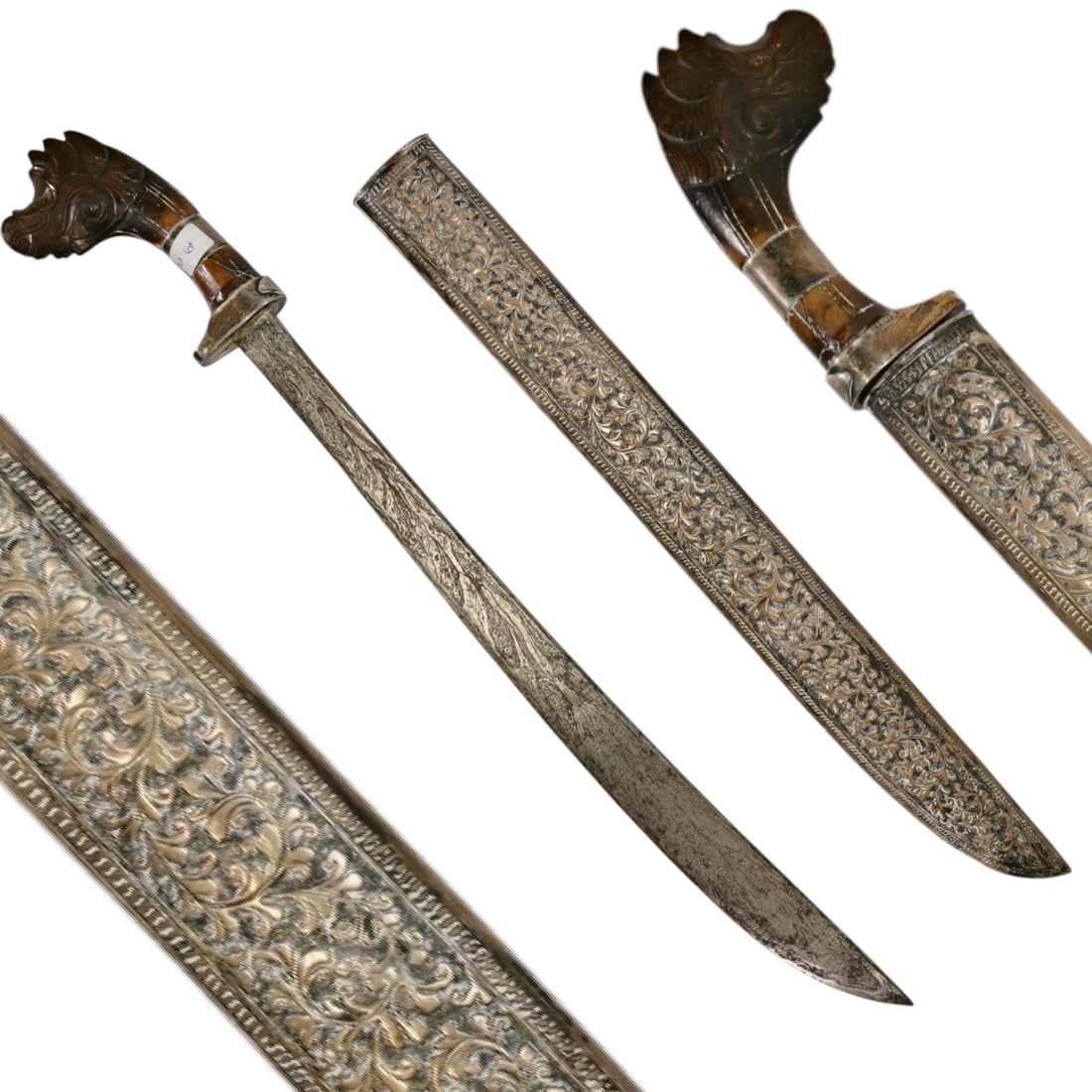 A Fine Silver-Mounted Malayan Short Sword Parang with Carved Horn Hilt, 19th Century. (1 of 6)