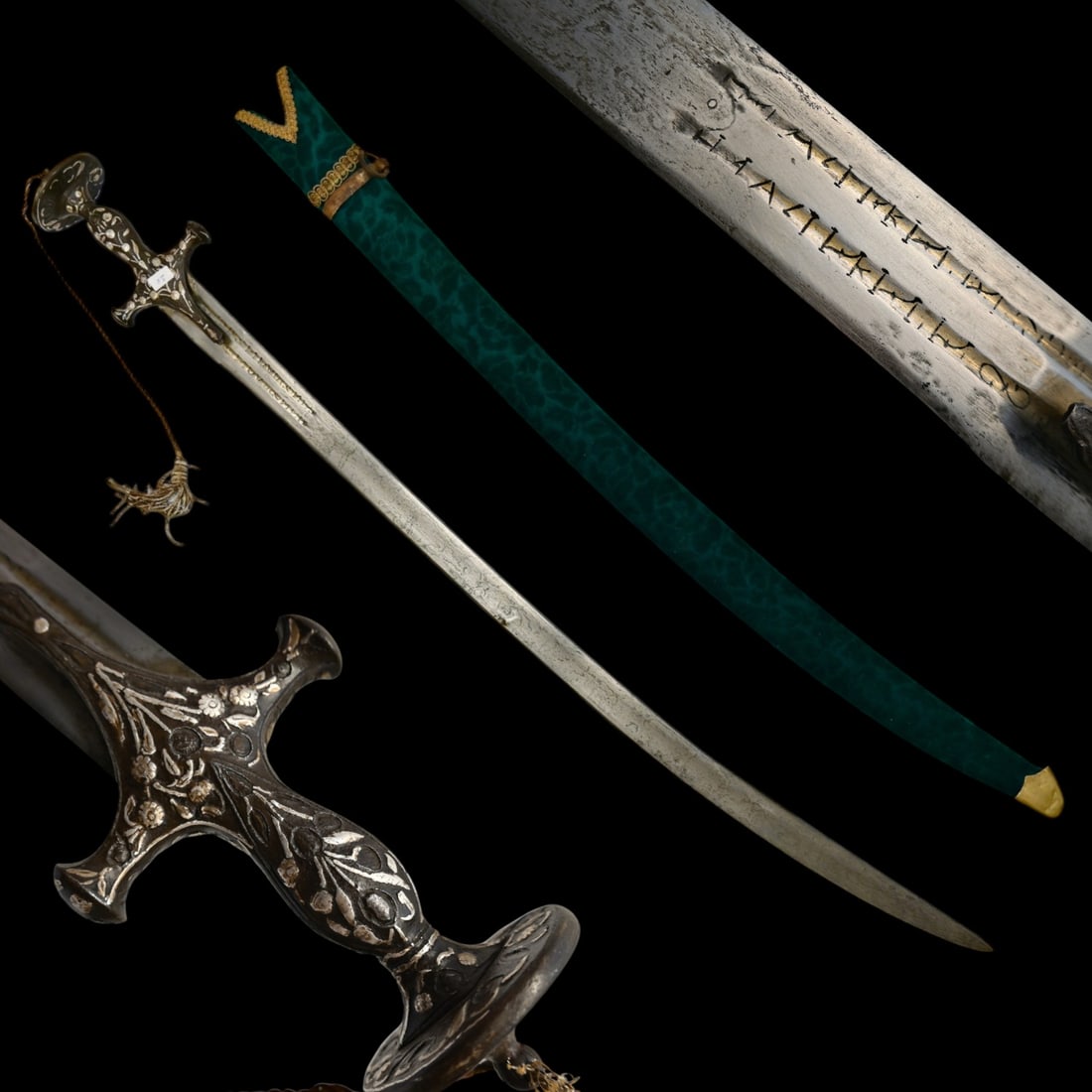 A beautiful Indian Silver-Inlaid Talwar sword with European-Style Inscribed Blade, 18th/19th C. (1 of 8)