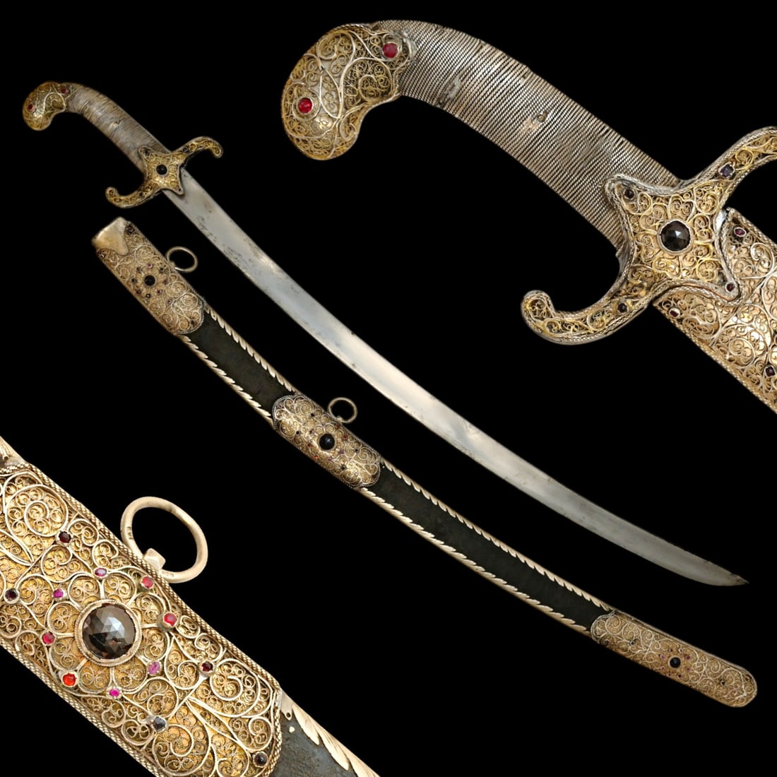 A Important 18th-19th C. Greek or Hungarian Sword with Silver Filigree, Gilding, and Colored Stones. (1 of 12)