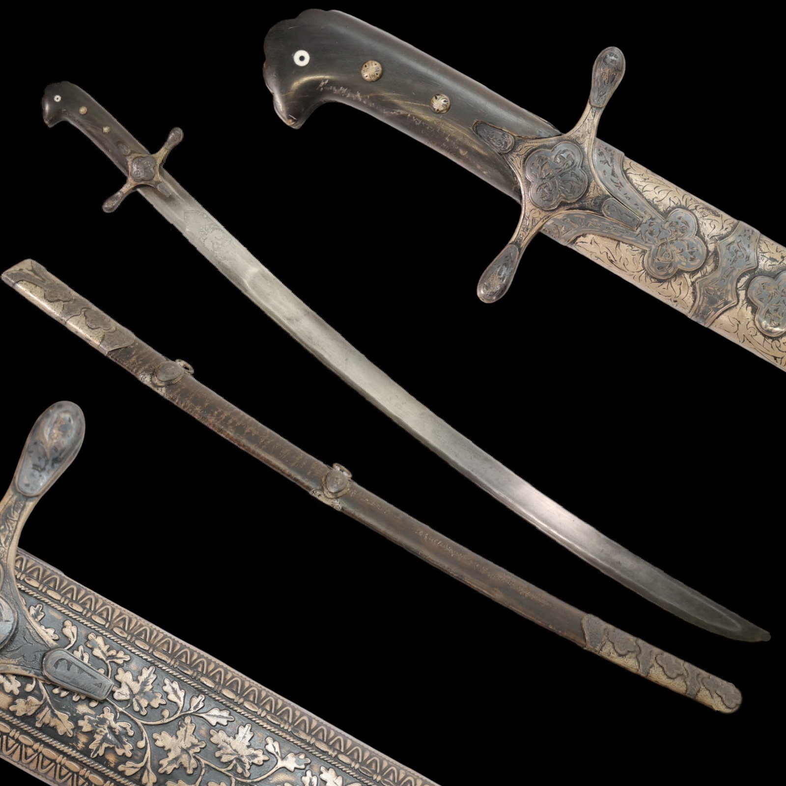 Saber in scabbard "Karabela", silver and niello, Poland 19th century.: Saber in scabbard "Karabela", silver and niello, Poland 19th century. Steel blade of slight curvature with one wide fuller on each side. Image of the Monogram of the Emperor of the Russian Empire Alex