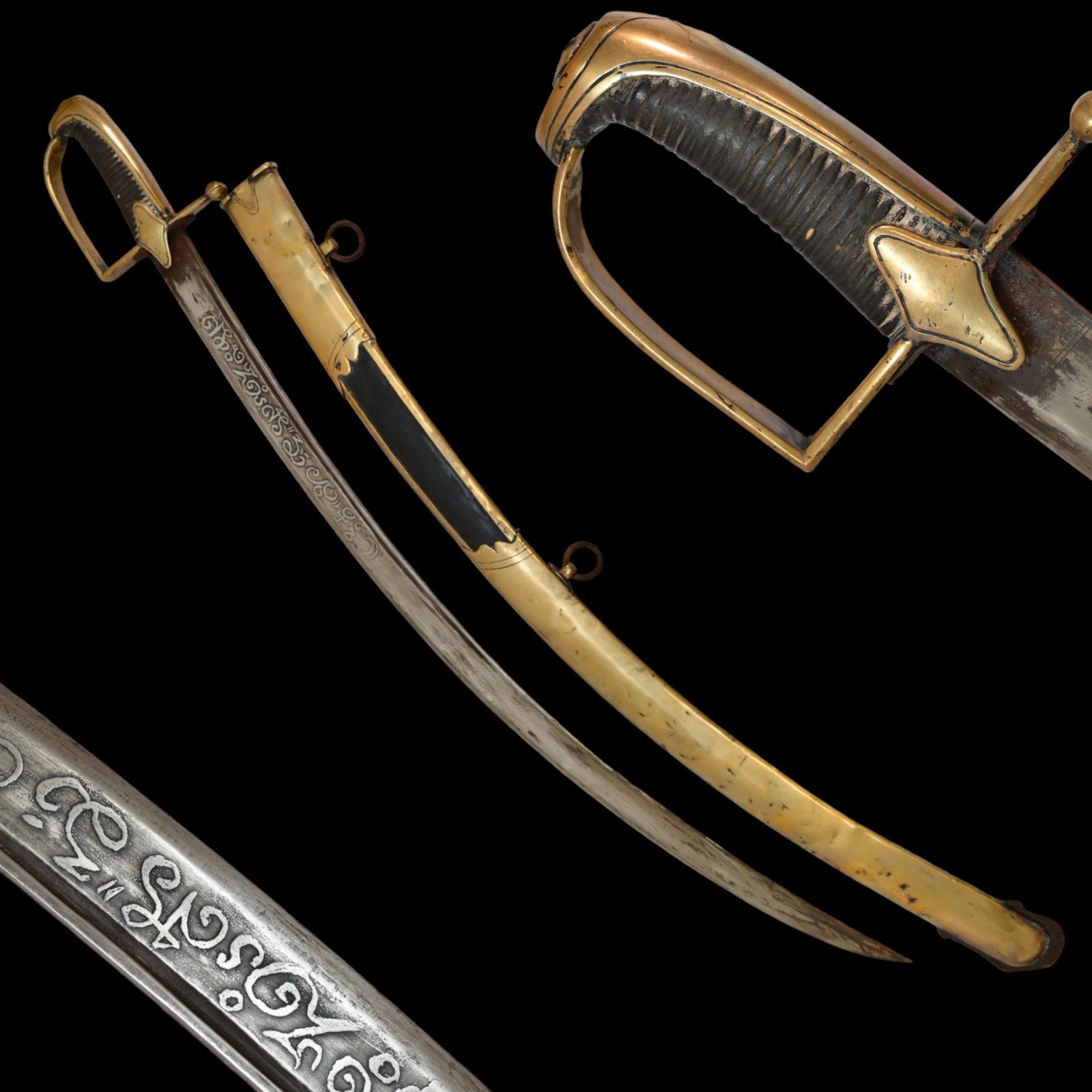 Hussar sabre, France, First Empire period, early 19th century.: Hussar sabre, France, First Empire period, early 19th century. This example with a single edged curved blade with two fullers on each side. On both sides the blade is decorated with cabalistic magical