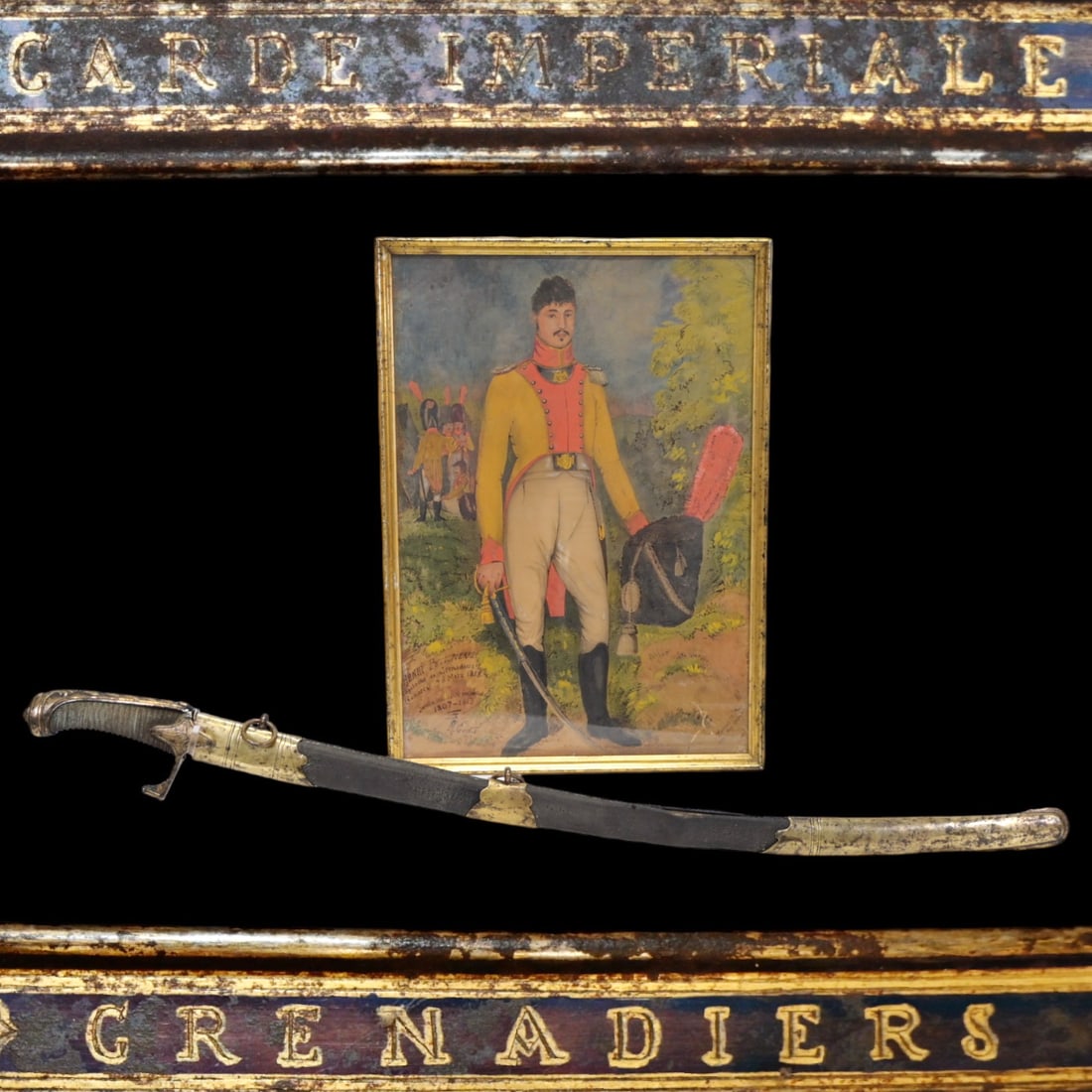 A Officer's sabre of the Grenadiers Pied of the Imperial Guard - First Empire and portrait of the: A Officer's sabre of the Grenadiers Pied of the Imperial Guard - First Empire and portrait of the owner. Gilded bronze hilt has damage (see photos). The wooden handle is wrapped in filigree. Curved bl