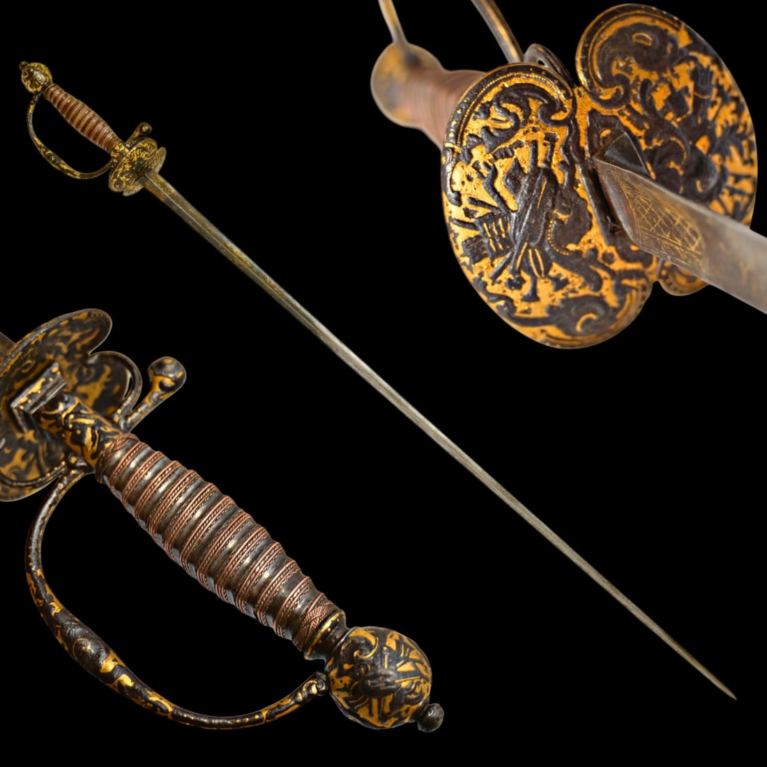 A Rare and Ornate French Gilt-Steel Small Sword, circa 1750-1780.: A Rare and Ornate French Gilt-Steel Small Sword, circa 1750-1780. This rare and sophisticated French small sword, produced between 1750 and 1780, exemplifies the opulent aesthetic of late 18th-century