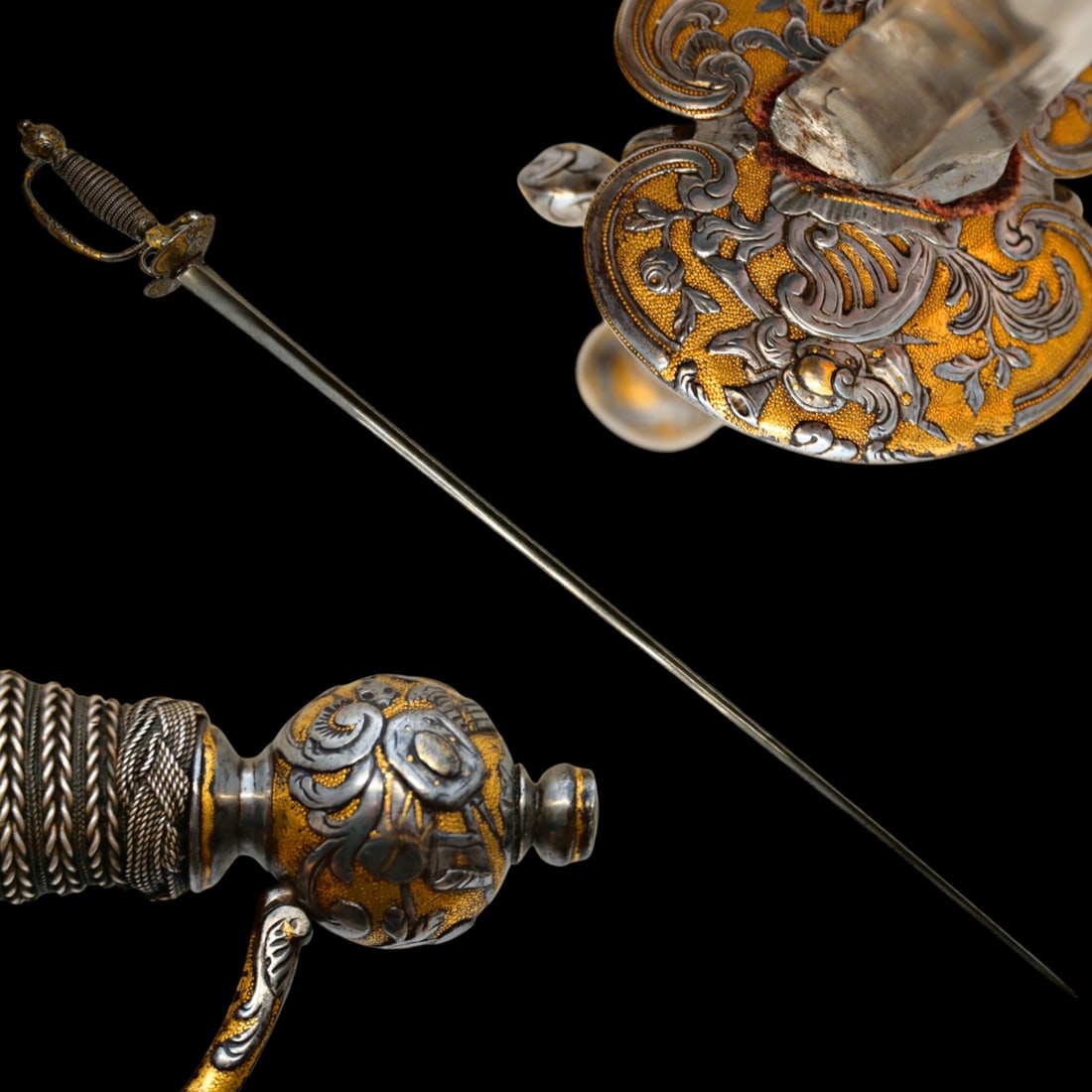 A Fine French Parcel-Gilt and Chiselled Steel Small Sword, circa 1750-1780.: A Fine French Parcel-Gilt and Chiselled Steel Small Sword, circa 1750-1780. This rare and exceptionally ornate French small sword, dating from approximately 1750 to 1780, represents the pinnacle of ge