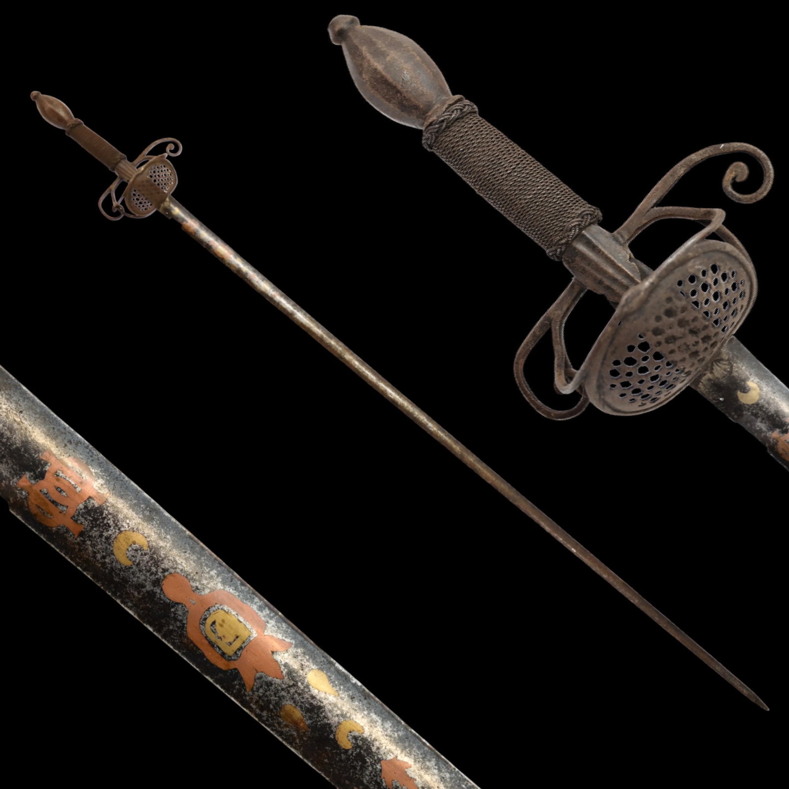 Pappenheim-hilt rapier with a rare blade, Germany, 17th century.: Pappenheim-hilt rapier with a rare blade, Germany, 17th century. The straight steel blade is inlaid with copper and brass inserts. A swordsmith's mark at the base of the blade. Iron hilt with oval pom