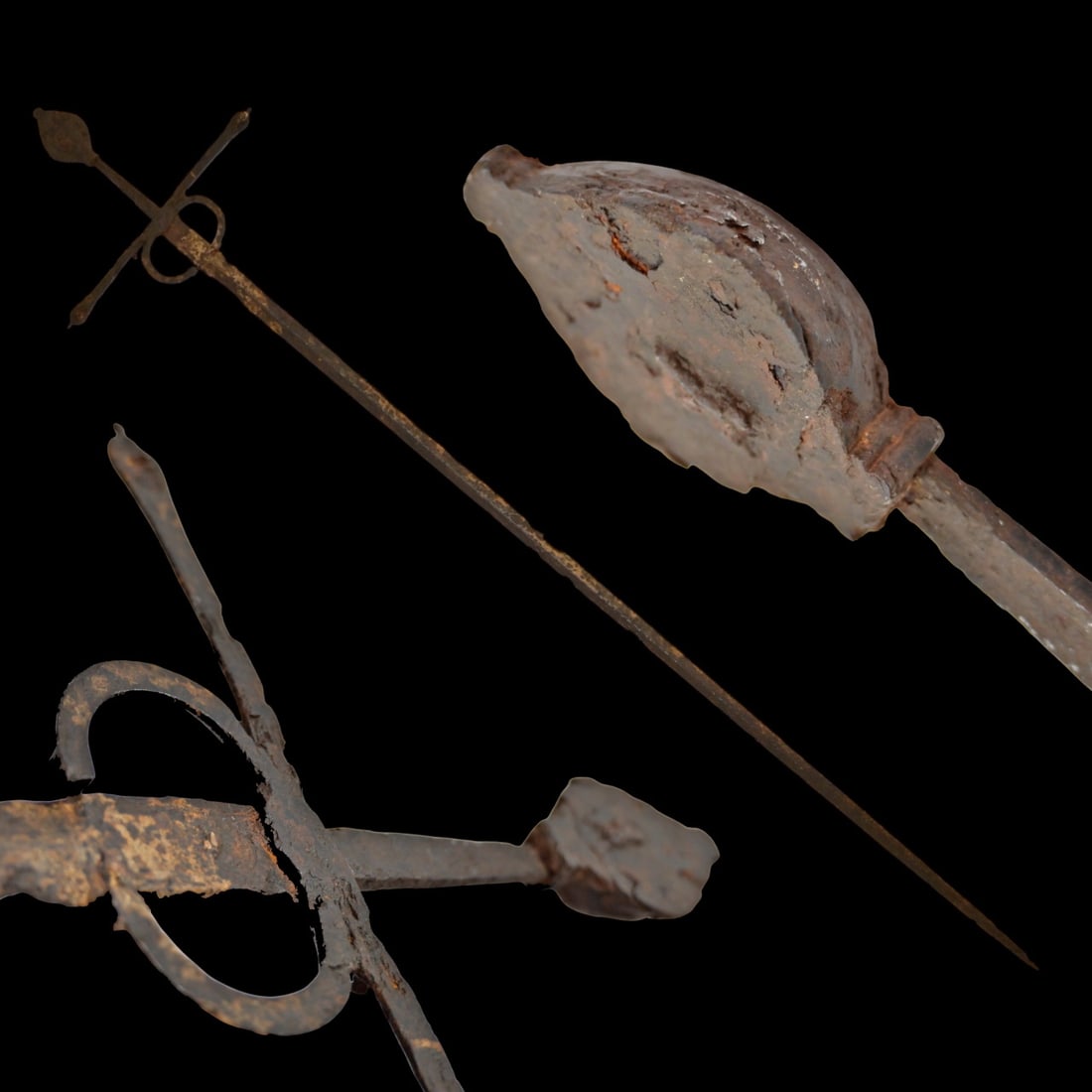 Rare paired rapier, Italy 16th century. Steel straight blade, metal guard and pommel, flat on one: Rare paired rapier, Italy 16th century. Steel straight blade, metal guard and pommel, flat on one side. Severe corrosion damage. Length 122 cm.