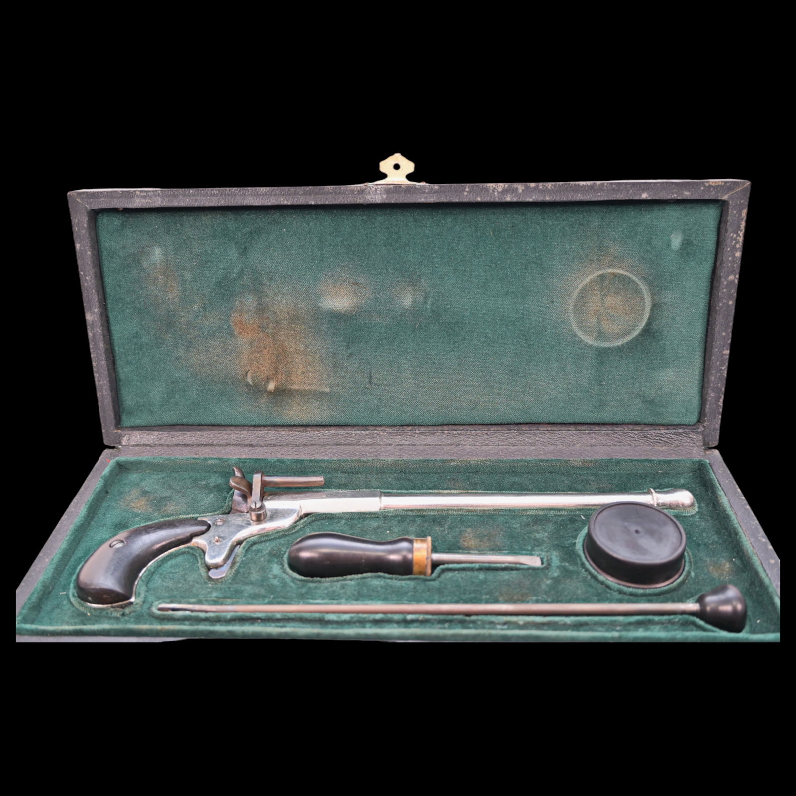 Rare Presentation "Velodog" Cycling Pistol, with case, Germany, late 19th - early 20th century.: Rare Presentation "Velodog" Cycling Pistol, with case, Germany, late 19th - early 20th century. Nickel-plated steel body and barrel, The barrel is stamped "0,05 gr NGP M/71" and underneath this with "