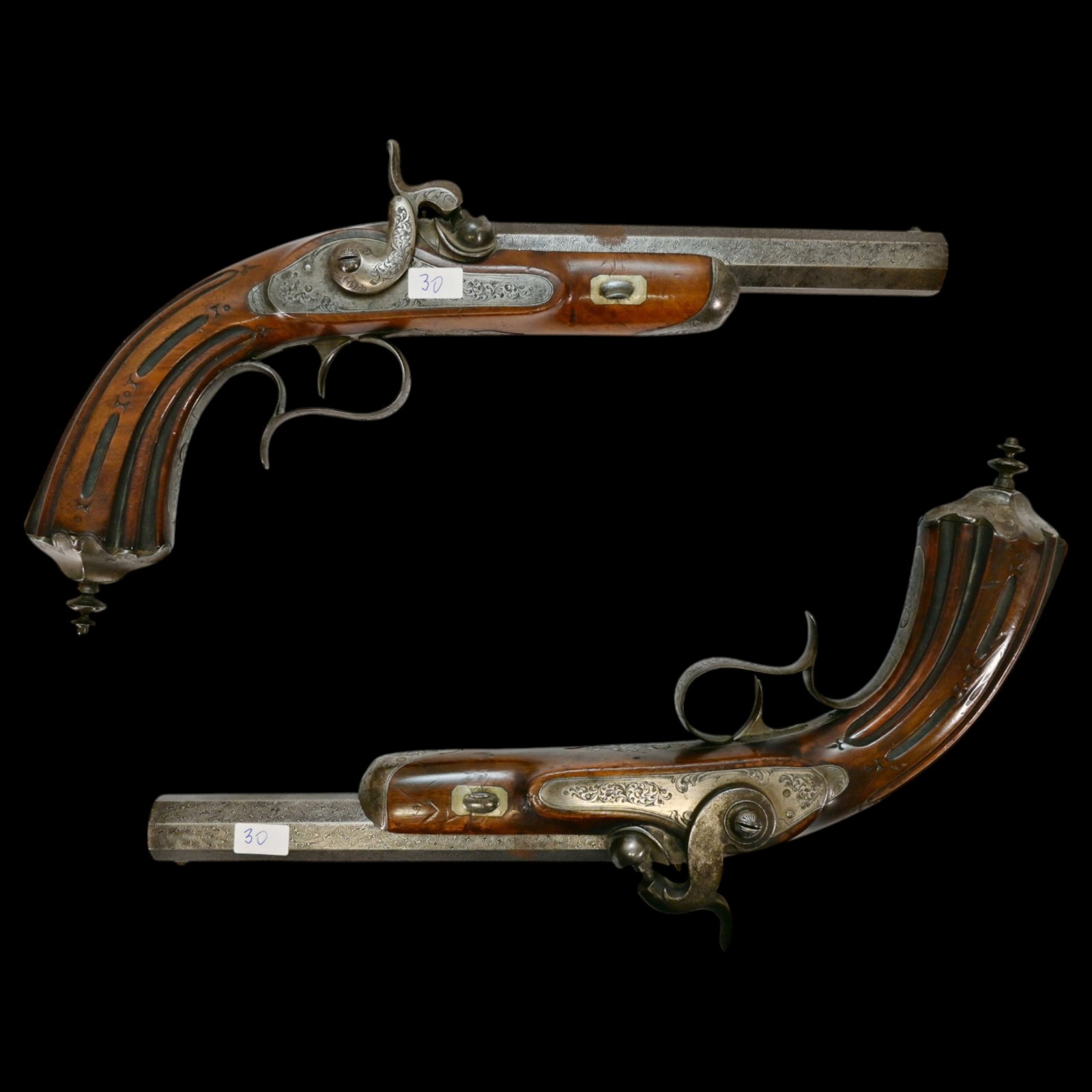A Fine Pair of European Percussion Target Pistols, France or Belgium, Mid-19th Century.: A Fine Pair of European Percussion Target Pistols, France or Belgium, Mid-19th Century. This exceptional pair of percussion target pistols, dating to the mid-19th century, represents the example of Eu