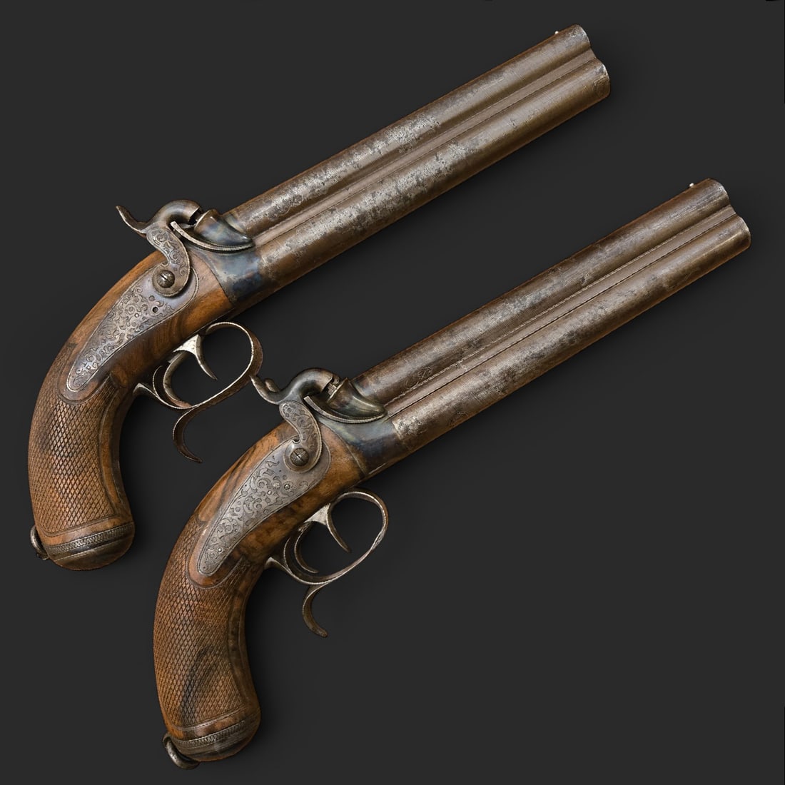 A Pair of French Percussion Pistols with Two Superposed Barrels, by Prebat, Paris, circa 1855. (1 of 11)