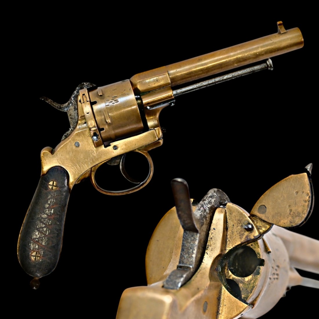 A Rare Belgian Brass-Framed Lefaucheux System Pinfire Revolver, maritime-adapted variant, Circa 1850: A Rare Belgian Brass-Framed Lefaucheux System Pinfire Revolver, maritime-adapted variant, Circa 1850. This exceptionally rare mid-nineteenth-century pinfire revolver, utilizing the innovative system p