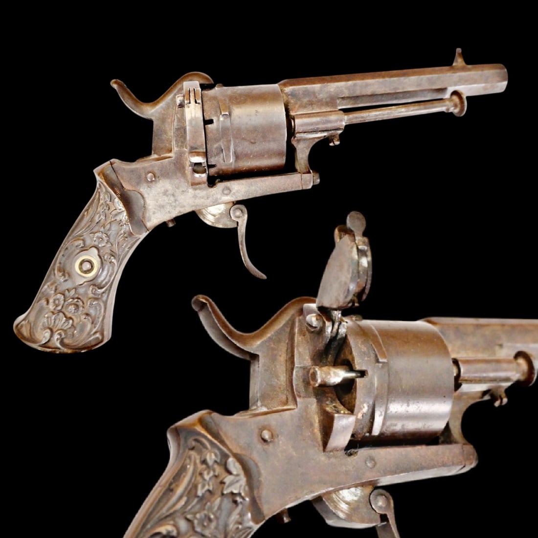 A Belgian 7mm Double-Action Pinfire Pocket Revolver, carved handle, Circa 1870. (1 of 6)