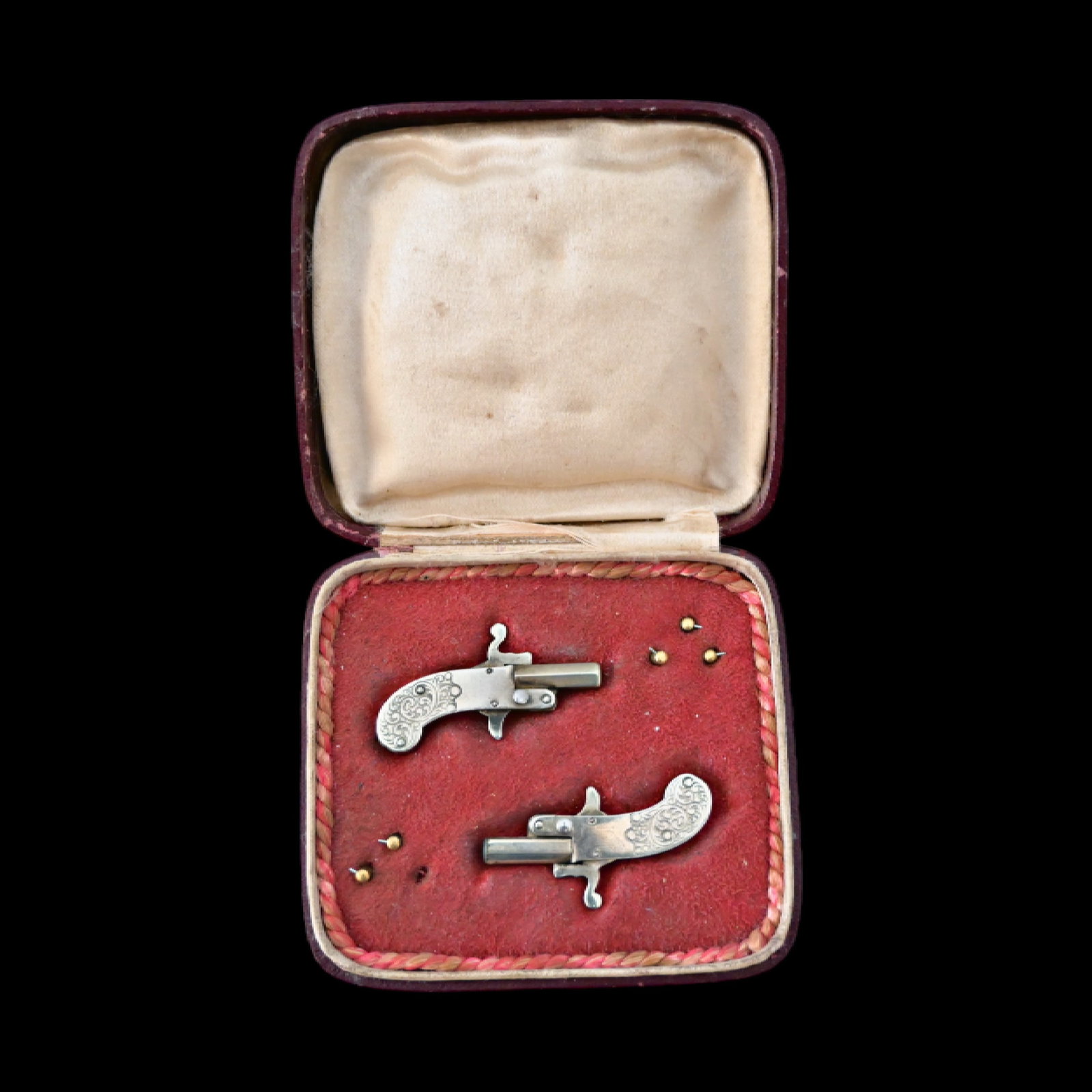 Cased with an unusual pair of miniature pinfire pistols, by the Maus company Germany, circa 1925. (1 of 9)