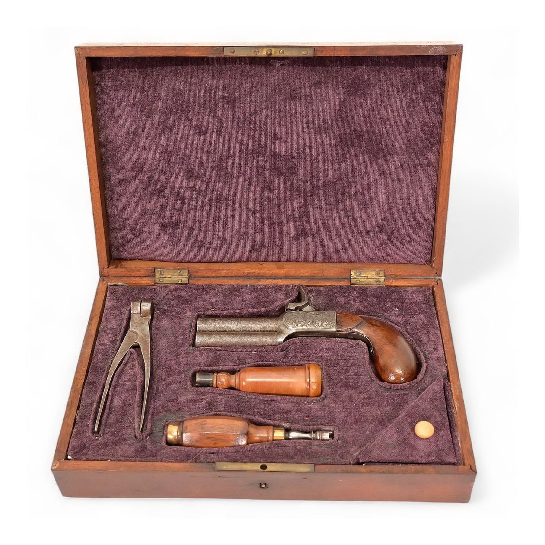 Cased Double-Barrel Superposed Percussion Traveling Pistol with Accessories, French, 19th Century. (1 of 20)
