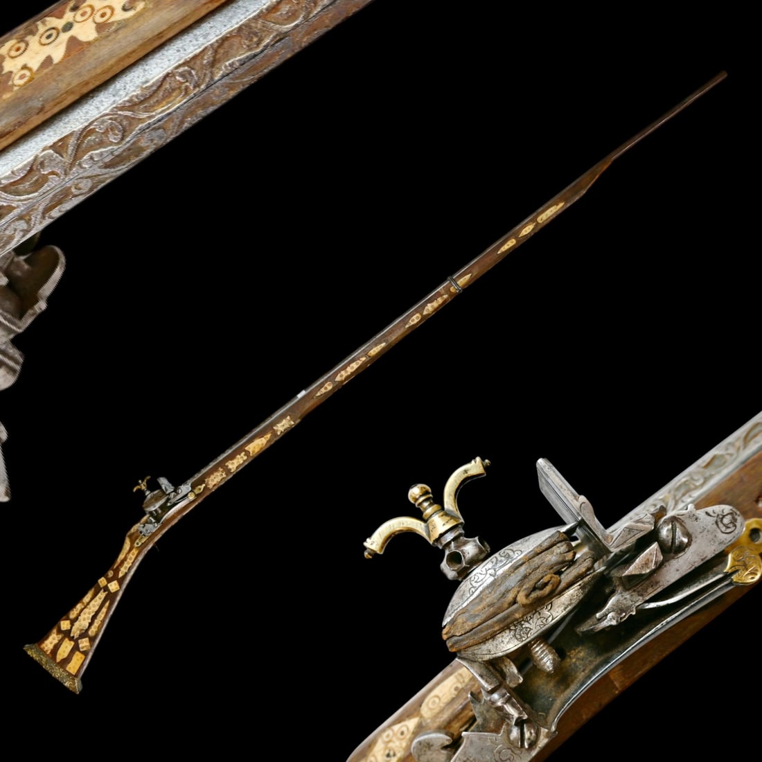 A 19th Century Algerian Miquelet-Lock Musket (Moukhala) with Inlaid Stock and engraved barrel.: A 19th Century Algerian Miquelet-Lock Musket (Moukhala) with Inlaid Stock and engraved barrel. This distinguished 19th-century North African musket, traditionally known as a Moukhala, represents a mas