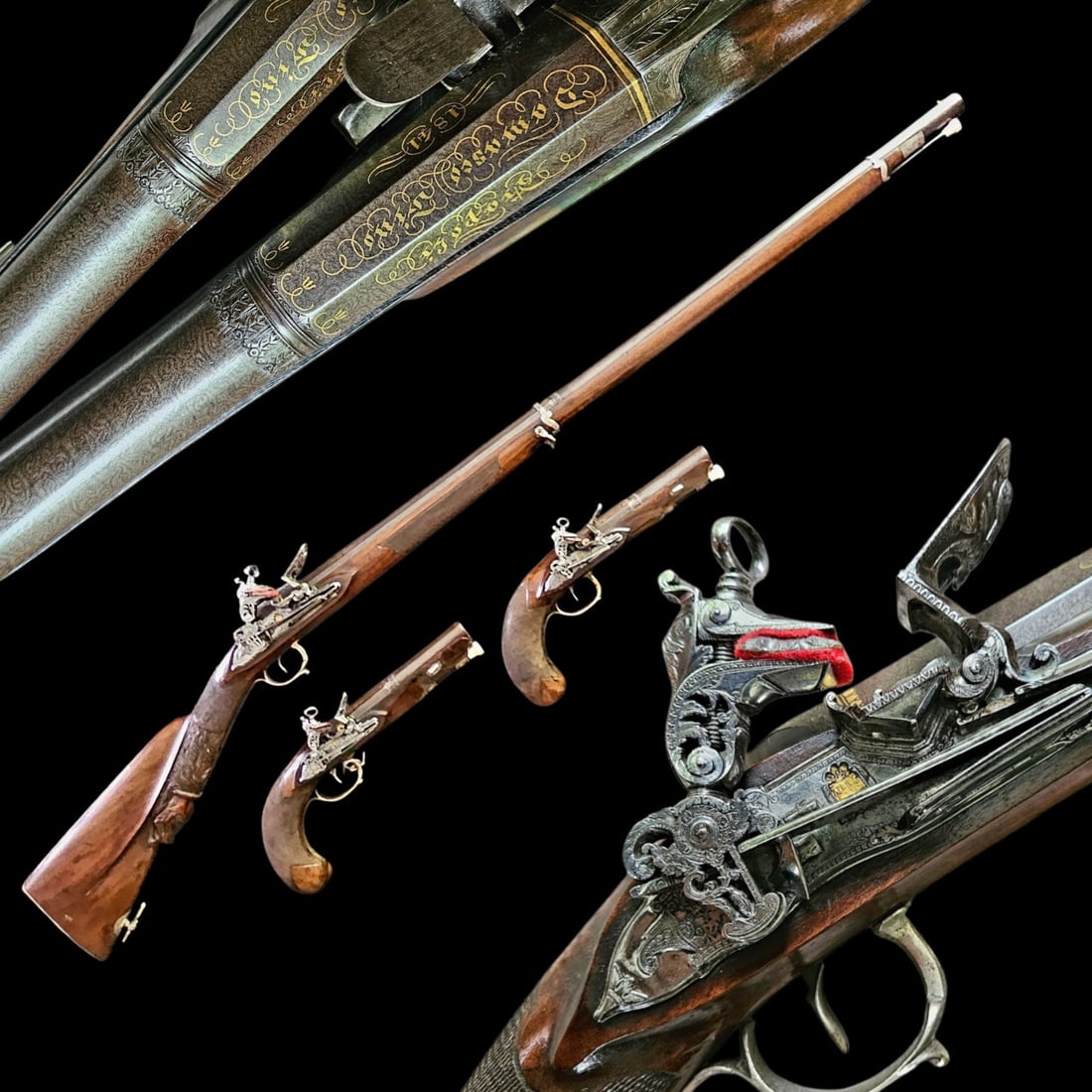 A Magnificent Neapolitan Gilt-Inlaid Flintlock Garniture of a Carbine and Matching Pistols, Dated: A Magnificent Neapolitan Gilt-Inlaid Flintlock Garniture of a Carbine and Matching Pistols, Dated 1841. This extraordinary flintlock garniture, comprising a long-barreled carbine and a matching pair o