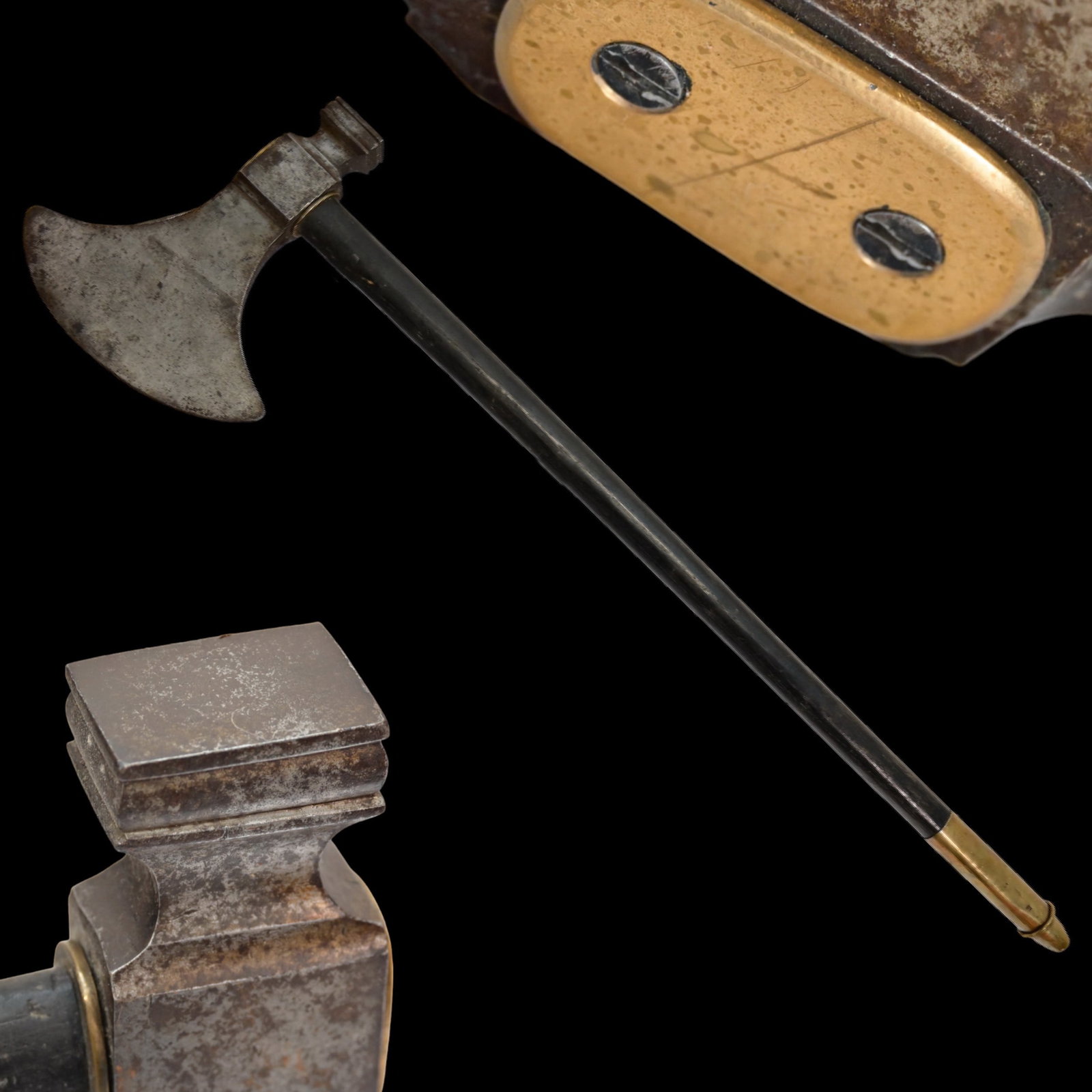 Stunning, Large Size, Sapper Engineer's Axe, France, First Empire, early 19th century.: Stunning, Large Size, Sapper Engineer's Axe, France, First Empire, early 19th century. The forged steel blade is mounted on a black wooden shaft. The ax has a wide blade at the front and a hammer at t
