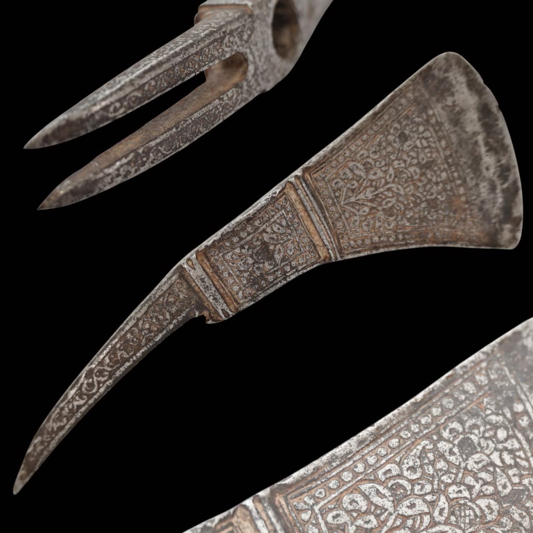Extra Rare Indo-Persian-Ottoman Battle Ax with Forked Spike, 17th - 18th Century.: Extra Rare Indo-Persian-Ottoman Battle Ax with Forked Spike, 17th - 18th Century. A finely crafted Indo-Persian battle ax head (tabar) featuring a remarkable forked rear spike - a rare form associated