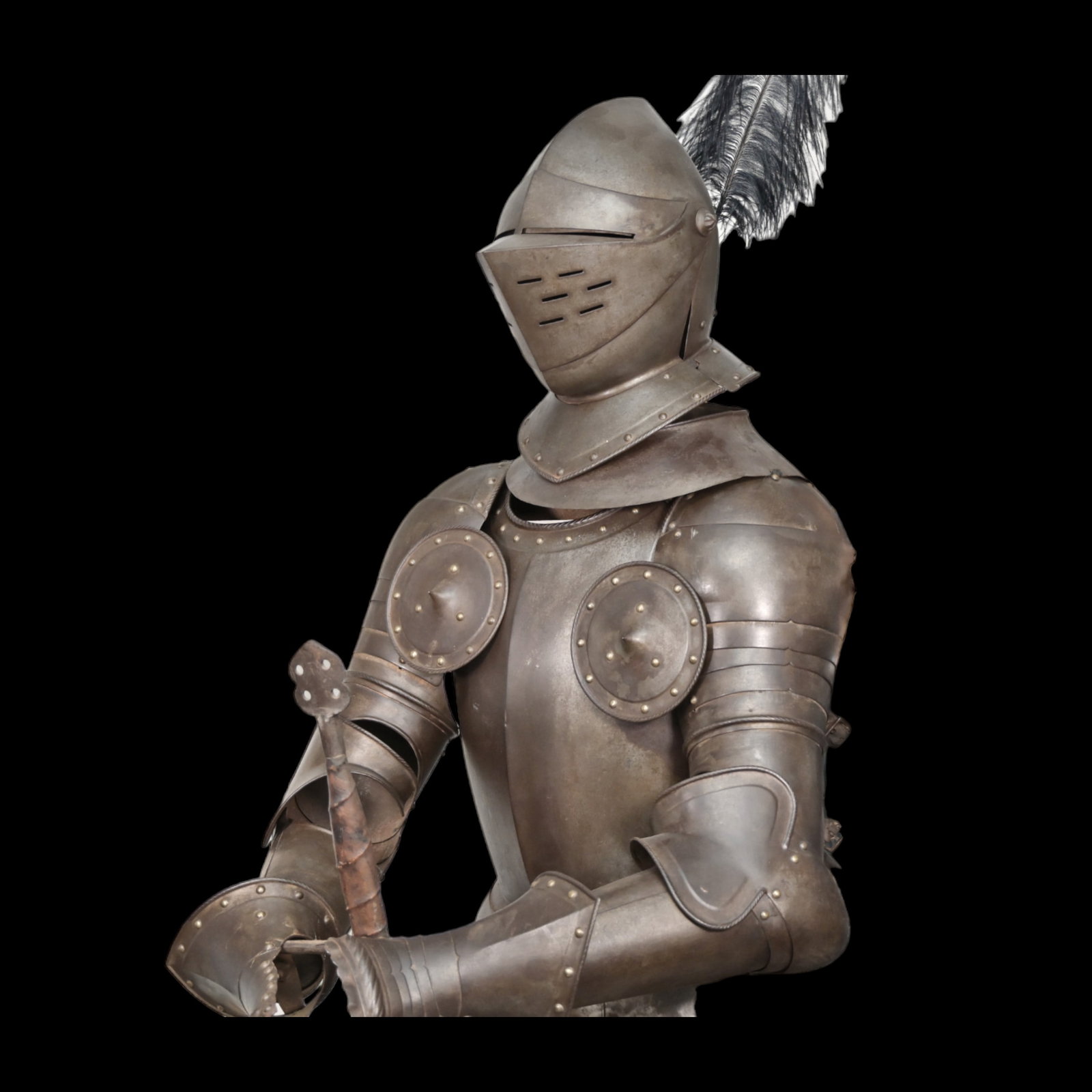 Full knight's armor in the style of the 16th century: Full knight's armor in the style of the 16th century. Closed helmet. This type armors is typical of the battle dress of the knightly cavalry of southern Germany and Austria in the 16 century. The comp