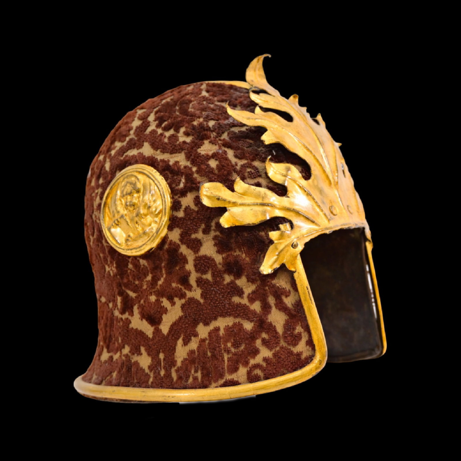 Sallet helmet, Venice, 15th century style.: Sallet helmet, Venice, 15th century style. Elements from the 17th century were used. Original mercury gilding. Height 23cm