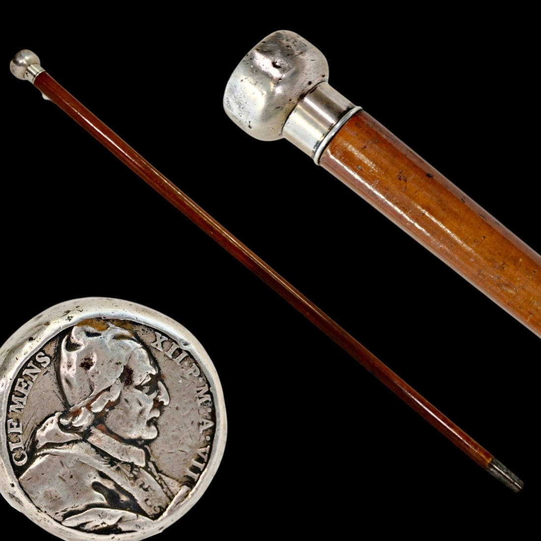 A 19th-Century Italian Silver-Mounted Walking Cane, depicting Pope Clement XII. (1 of 4)