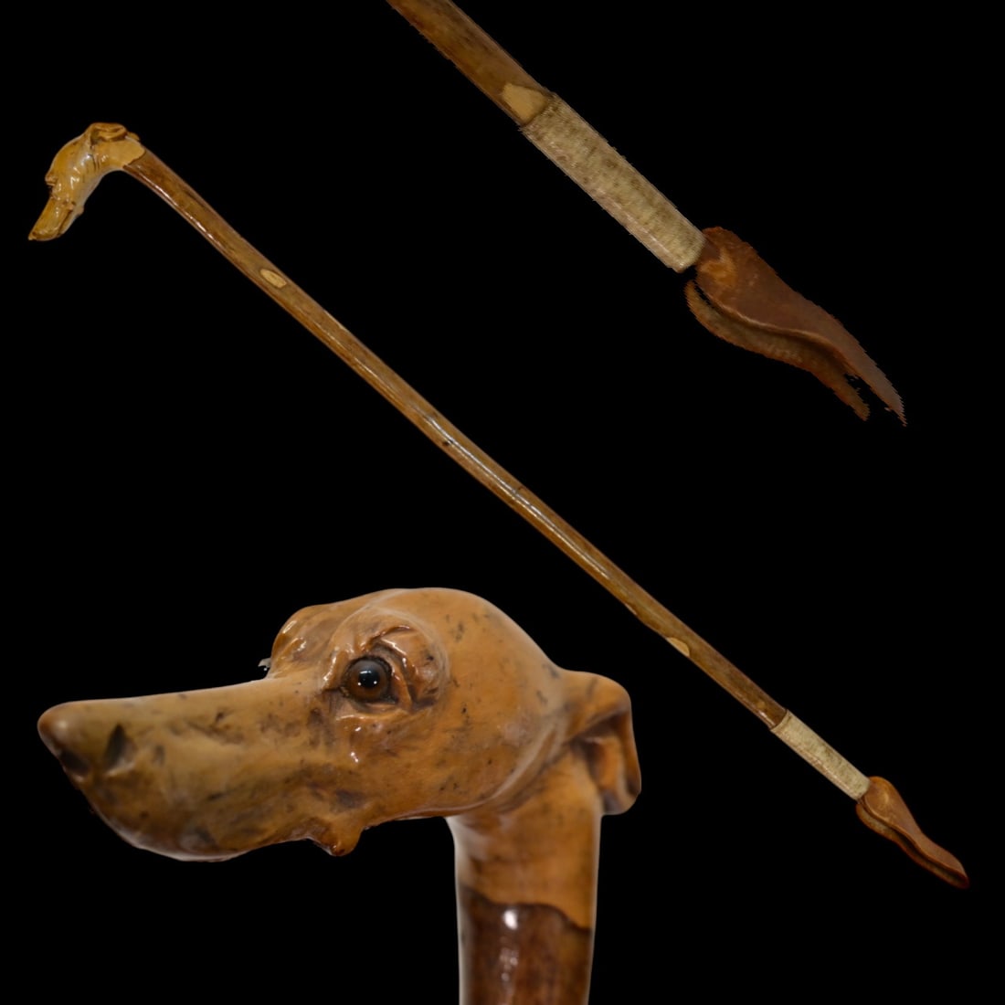Antique Horse Riding Whip with Carved Dog's Head Handle, early 20th Century.: Antique Horse Riding Whip with Carved Dog's Head Handle, early 20th Century. A finely crafted equestrian whip featuring a handle masterfully carved in the shape of a dog's head, likely depicting a gre