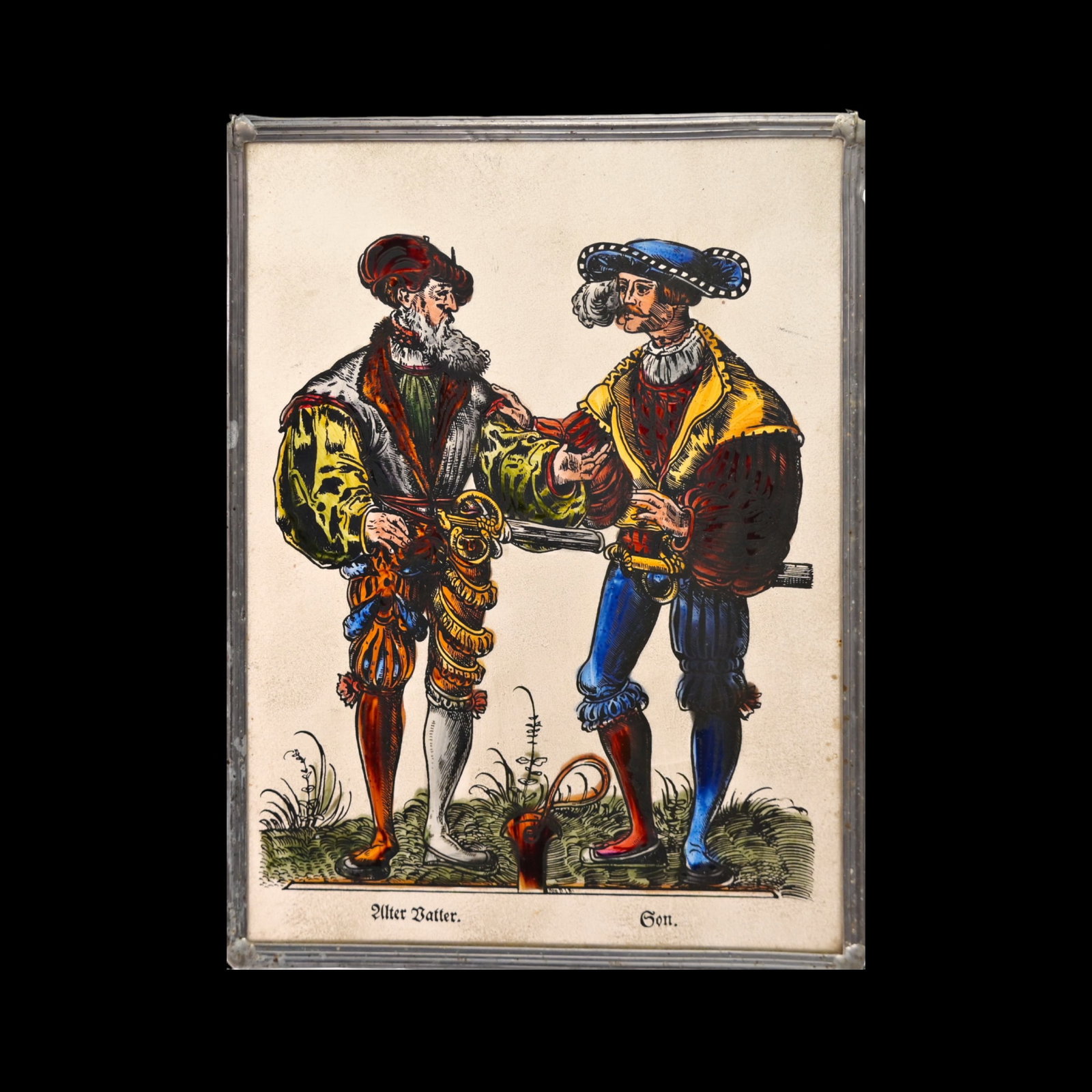 Landsknechts, Painting on glass in the style of 16th century engravings. (1 of 8)