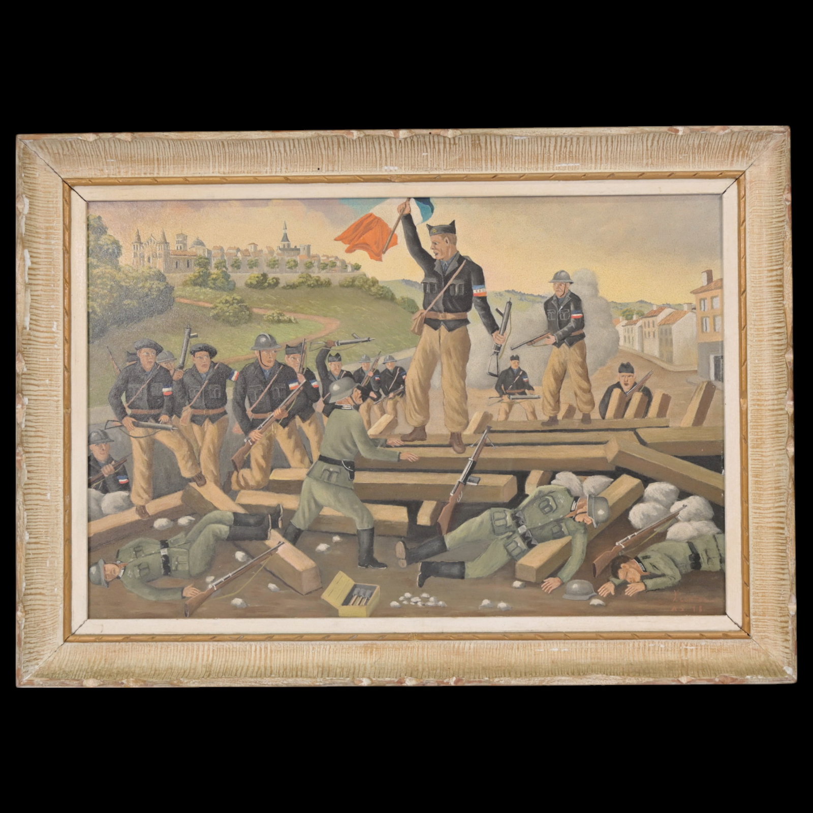 Lieutenant Serimis in Paillac, Oil on fiberboard, 1940-50s, signed by the artist.: Lieutenant Serimis in Paillac, Oil on fiberboard, 1940-50s, signed by the artist. A beautiful painting kept in the family of Lieutenant Serimis, depicting a lieutenant with the flag of France going to