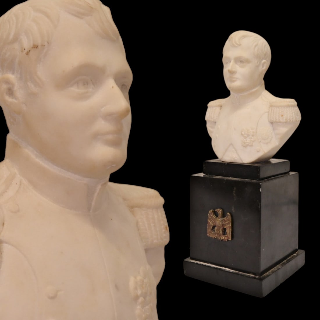 Marble bust of Napoleon I, white marble on a stone base, France, 19th century. (1 of 8)