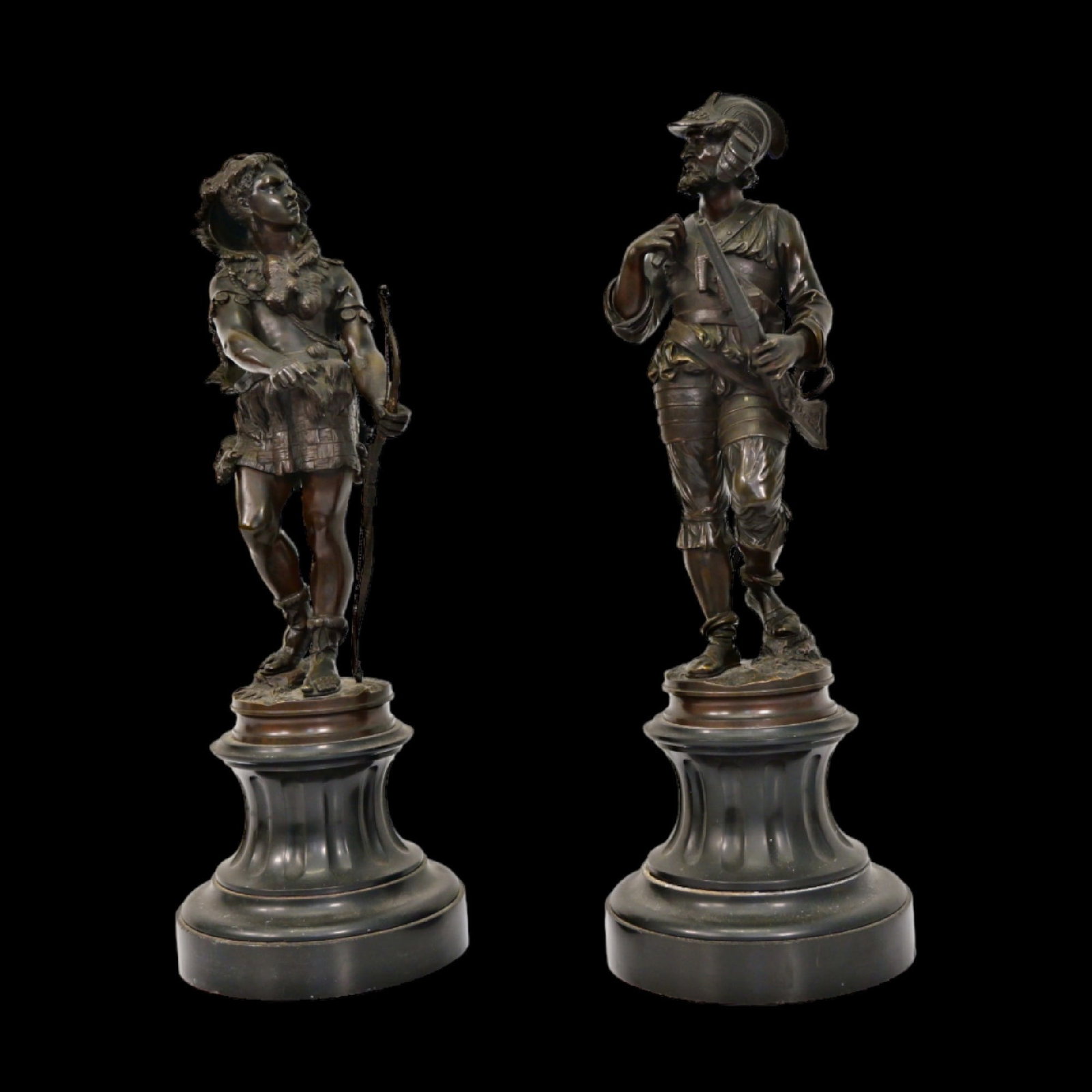 Pair of bronze statues on a marble base "Prehistoric Warrior" and "Musketeer" by Jean-Baptiste Alix (1 of 10)