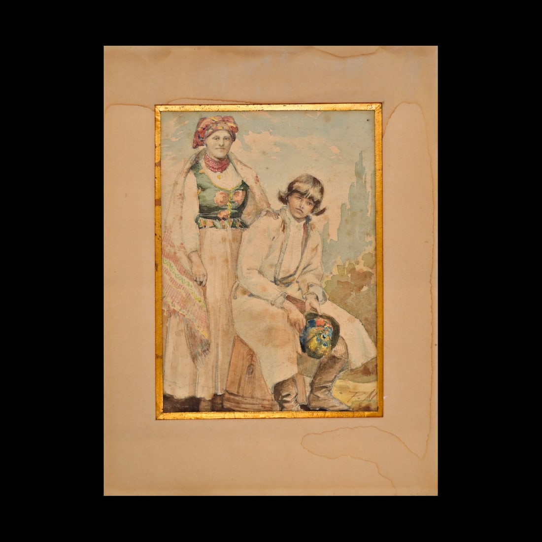 Rare Watercolor Portrait Mother and Son in Traditional Folk Costume, Hungary, Poland, Ukraine, 1908 (1 of 7)