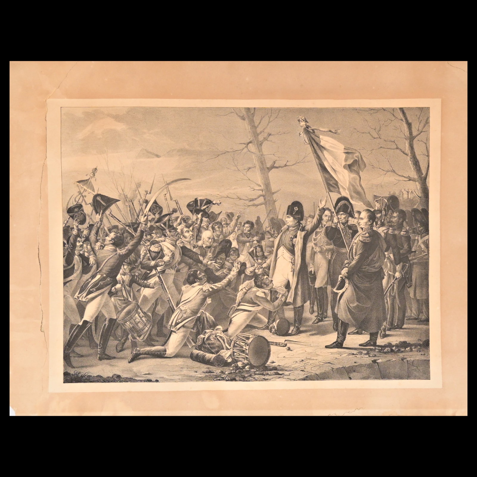 Engraving, Napoleon's return from the island of Elba with cheering soldiers, 1815, 19th century.: Engraving, Napoleon's return from the island of Elba with cheering soldiers, 1815, 19th century. Engraving by George Sanders (1774-1846) after a painting by Charles Baron Von Steuben. The artwork show