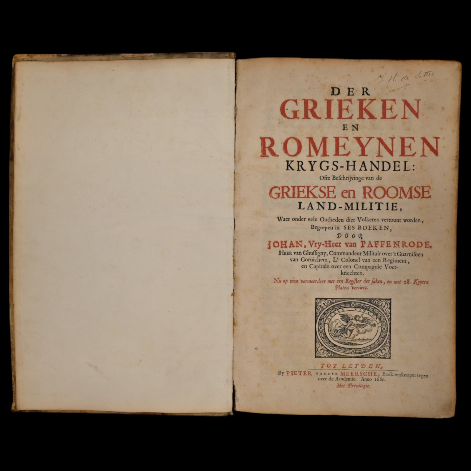 Rare 1686 Folio Der Grieken en Romeynen Krygs-Handel - Original Binding, Illustrations.: Rare 1686 Folio: "Der Grieken en Romeynen Krygs-Handel" by Johan van Paffenrode - Original Vellum Binding with Illustrations. An exceptional example of 17th-century Dutch printing, this rare 1686 foli