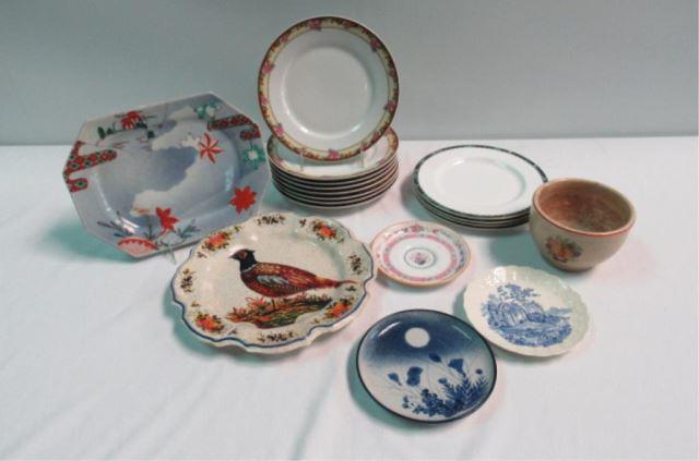 Antique & Vintage Plates and Bowls: (4) 8-1/2" Royal Bone China, Emerald pattern; (8) 8-3/4" Limoges, France plates with floral rose pattern; blue landscape scene - TST Co. made in USA, 6"; pheasant decorative plate, made in Italy, 10-1