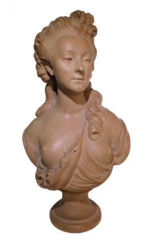 French Terracotta Portrait Bust of Marie Anne: French terracotta portrait bust of Marie Anne de Cupis de Camargo (French, 1710-1770), signed after Caffieri (Jean-Jacques Caffieri, French, 1725-1792), on socle, approx 26" H, 23.25lbs