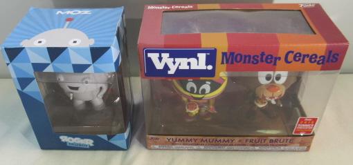 Roger Mozbot & Funko Monster Cereals Vinyl Toys: Roger Mozbot, c. 2018 in original packaging; Vynl. Monster Cereals Yummy Yummy + Fruit Brute Vinyl Collectibles in original packaging, 2018 Summer Convention Limited Edition