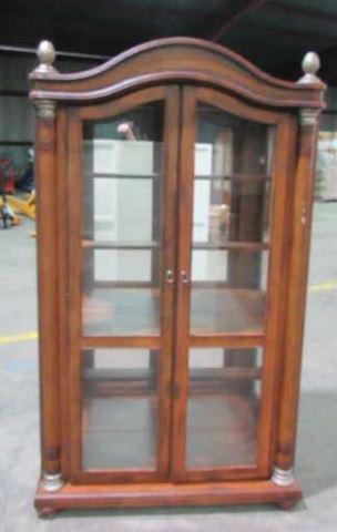 Luliwood & Leather Lighted Curio Cabinet: 47" W x 18" D x 80-1/2" H; This piece has a small rip in the leather edge.