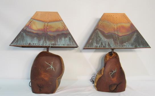 Pair of Custom Wood Base Lamps w/ Copper Shades (1 of 8)