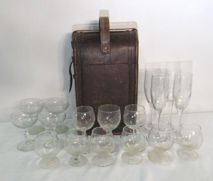 Wood & Leather Wine Carrier w/ Bar Glasses: Wood & Leather Wine Carrier w/ Bar Glasses