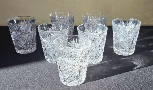(7) Cut Crystal Heart Tumblers of the American: Brilliant Period; (2) Have A Small Chip on Rim, See Photos For Details