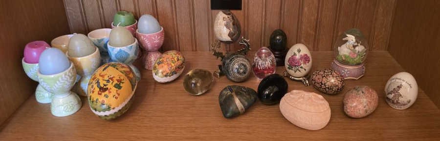 Egg Decor Assortment: Stone Eggs, Decorated Eggs, (8) Egg Holders, Etc.