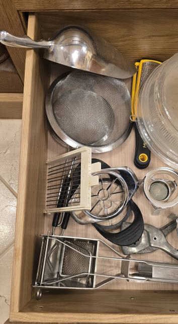 Kitchenalia Assortment w/ Strainers, Egg Cookers,: Grater, Funnels, Bacon Cooker, Microwave Cooking Covers, Apple Cutter, Meat Shreader, Candle Food Warmers, Large Scoop