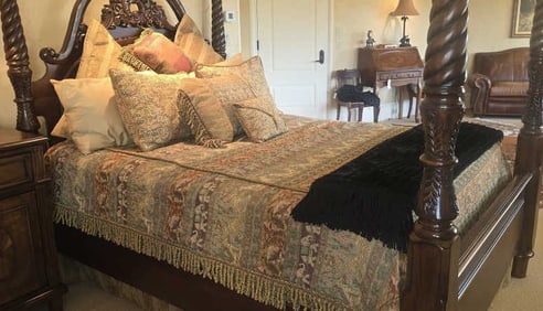 Coverlet, Bedskirt, Pillows, Bamboo Sheets, Queen Size; Does NOT Include Black Throw on Bed