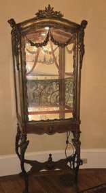 Ornate Metal & Wood Lighted Curio Cabinet