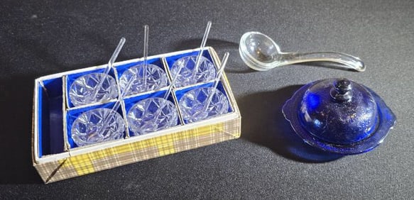 Cellars w/ Salt Scoops - Cut Glass in Box; Glass Sauce Spoon