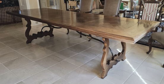 Made in Italy; Approx. 127-1/2" L x 43-1/2" W x 31" H w/ (8) English Arm Chairs in Walnut & Leather