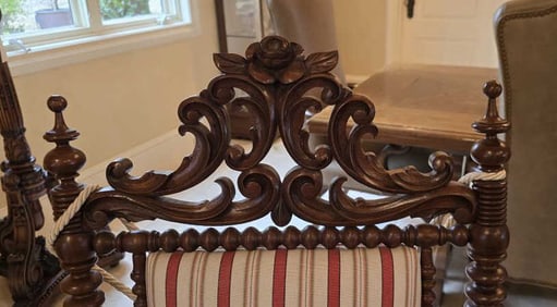 Carving on Headrest, Padded Armrests & Newer Upholstery in a Red Stripe; 47-1/2" H x 26" W x 23" D
