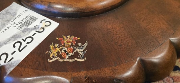 Spencer Family Crest on Bottom of Table Top, Crown Insignia in Center of Table; Mahogany. Approx.